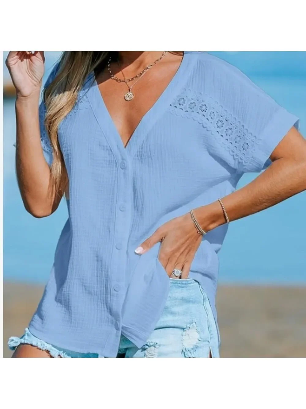 Cupshe Light Blue V-Neck Button Front Crochet-Trim Blouse